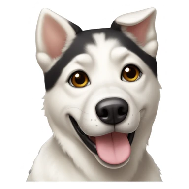 white husky-lab mix dog with black and tan and brown around his eyes and black/tan ears smiling with tongue out sticker