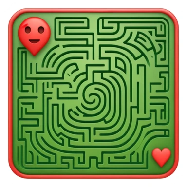 Create a realistic emoji of a maze with different patterns in red which show the wrong way and one way which shows the right way across the maze in green sticker