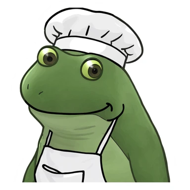 Make the baby oil bottle look like a chef with a chef hat and apron, in the green bufo frog meme style, no background. sticker