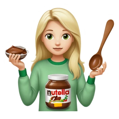 Blond woman with white and green pullover holds in one hand a big carriage of Nutella and in the other hand a oversized spoon which is inside the jar of Nutella. Her hair is long. And the Nutella jar is very big sticker