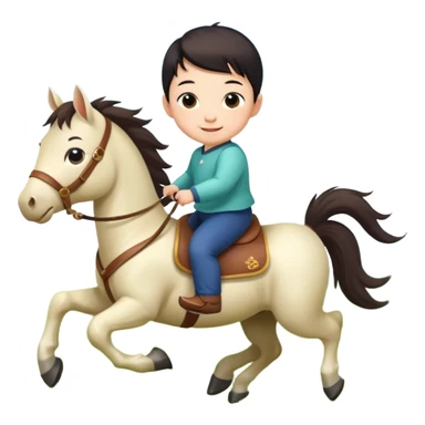 l little chinese baby riding on a  cute horse running on the grass with 2026 year label sticker