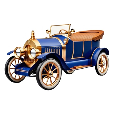 dark blue led lights C-3PO ghost buster’s 1927 delicately inlaid rose gold wood barrel accents Scrooge McDuck Model-T x Rolls Royce efficiently powered by futuristic electric motors and dynamos with wide racing wheels that are strong agile advanced suspension and steering sticker