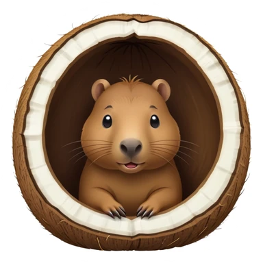 Small capybara inside a hollowed coconut, using it as a cozy home sticker