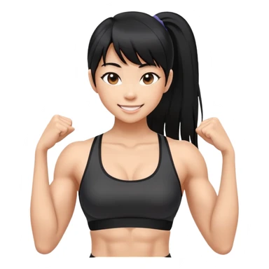 Asian women with muscle on thick strong 2 arms and abs. Black long straight hairs no pony tails, straight bangs, light skin, flirty smiles, black sports bra sticker