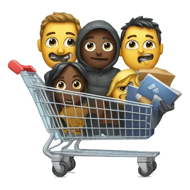 Software development team in a shopping cart resolving code bugs sticker