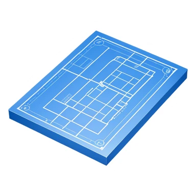 blue blueprint plan with white lines, isometric angle showing both side and top sticker