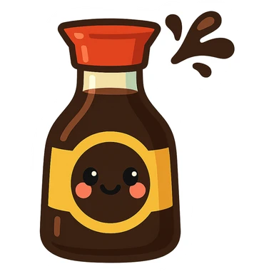 japanese soy sauce bottle, stylized, cartoon, cute, with a small splash sticker