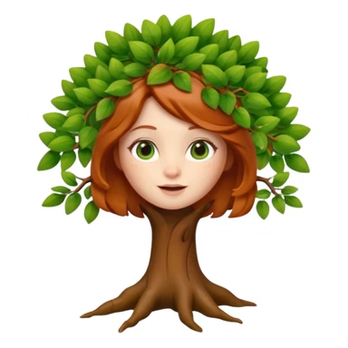 Style memoji iphone. Un petit sapin vert sylvestre, féminin, regard malicieux, tâches de rousseurs délicates, joues roses. Yeux de biche brillants en forme amande, yeux couleur ambre, tronc couleur acajou. Sapin en mouvement, incurvé pour un effet vivant. sticker