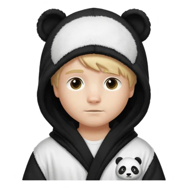 Create a blond boy with long, messy hair, light eyes, a white t-shirt, rich, with long hair, blue eyes, medium-length, voluminous hair, wearing a black Nike bathrobe and a little blush near his nose. and with a panda balaclava, but showing her hair. sticker