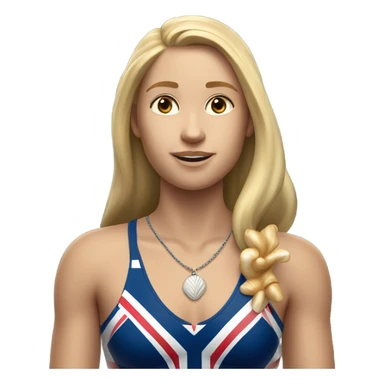 A girl with long blonde hair with wide shoulders wearing a Great Britain rowing swimming suit and has small muscles and add a necklace that has a sea shell pendant on it. She must have a  necklace around the neck and the pendant is on her chest sticker