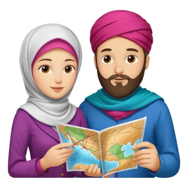 Russian man and elegant turkish girl in cute outfits with a map planning  sticker
