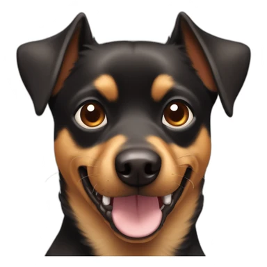 black brown mutt dog with mostly small german shephard head but with larger chihuahua eyes and large overbite with her left upper sharp canine tooth a bit crooked and sticking out mouth sticker
