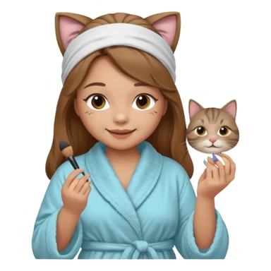 A image of a girl with light long brown hair wearing a bathrobe and headband doing her makeup with her chubby grey tabby cat. She is smiling sticker