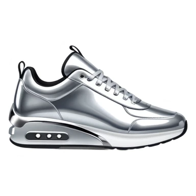 A pair of futuristic sneakers emoji made of silver chrome, sleek streetwear design, smooth metallic panels, subtle reflections, luxury swag aesthetic, iOS emoji style, centered, clean white background sticker
