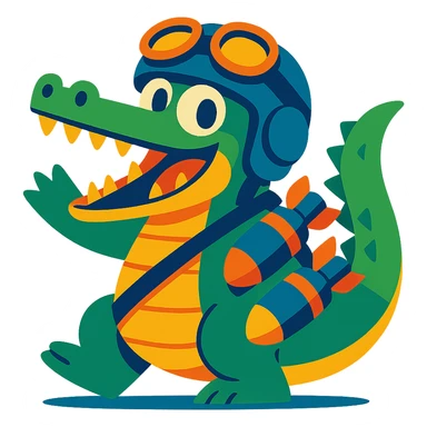a crocodile with a pilot helmet and bomb accessories, energetic, fun illustration, vibrant colors sticker