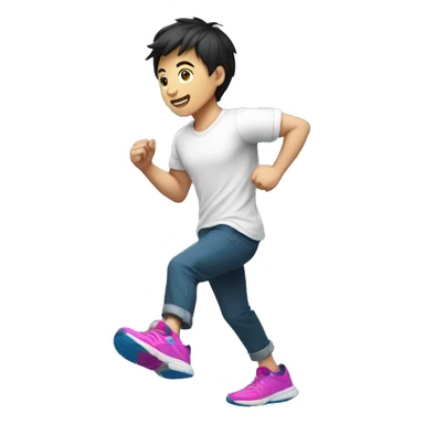 teen guy asian with short black pants, white shirt sarcasm imprint, colorful teel blue and magenta running shoe sticker