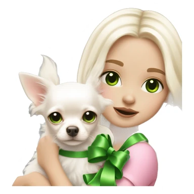 pale blond yt girl with wavy long platinum white hair with bright green eyes holding a white chihuahua puppy that wearing a pink bow sticker
