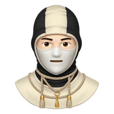 Deconstructed off-white balaclava with frayed layers, rope tassels, subtle embroidery. Studio photo, white bg, soft light. Streetwear luxury style.
 sticker