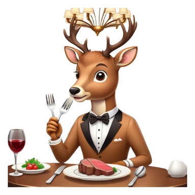 A deer wearing a fancy bowtie, sitting at a restaurant table, eating a steak with a fork and knife, surrounded by elegant decor, in a playful and cartoonish style. sticker
