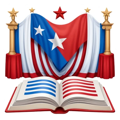 Open book about theatrical scenography with the Puerto Rican flag integrated into its pages, showing theater stage designs in red and blue colors with a white star sticker