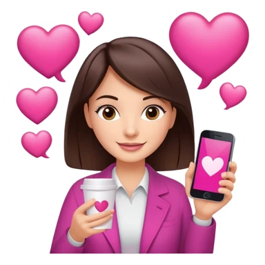 Social media manager. She has dark brown hair, brown eyes, a friendly smile. She is holding a smartphone and a coffee cup. Include subtle marketing elements like small icons of hashtags or a speech bubble with a heart, instagram logo. Use vibrant colors with a focus on pink and fuchsia tones. sticker