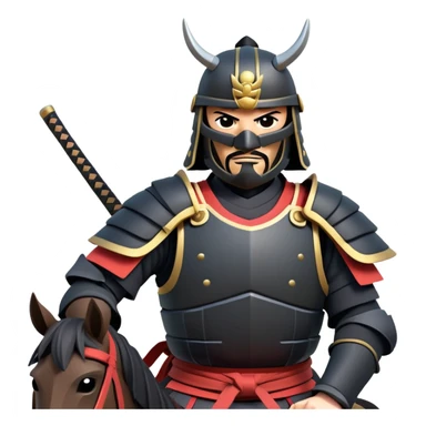 clash-of-clans-aesthetic_-cinematic-fearsome-and-majestic-samurai-bust-portrait-emoji, rendered in a flat, vector-style with minimal shading and bold, simplified shapes typical of emoji art, depicting a battle-hardened samurai with black mask and traditional black Japanese armor. The samurai is riding a noble grey warhorse adorned with an intricately designed saddle and fluttering banners and a rising sun. a samurai on a   horse sticker