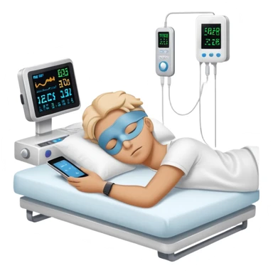 Sleep laboratory with sleep monitoring equipment, bed with person sleeping, brain wave monitors sticker
