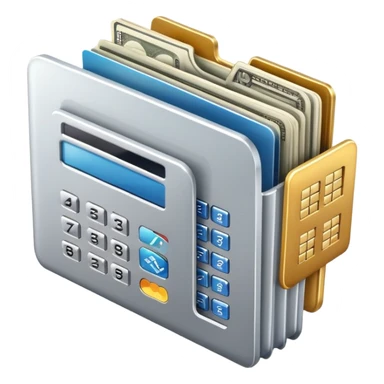 Closed folder icon with small symbols floating around: bank building, credit card, calculator, and document – organized financial archive sticker