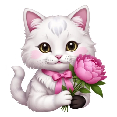 Can you make a cute cat handing out peonies bouquet with a coquette on the boquette sticker