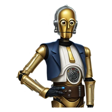 tarnished undercover tough well-equipped Jedi  life-sized darkblue-pearl C3po as a friendly droid wearing a leather clothing old west duster coat holding light saber  sticker