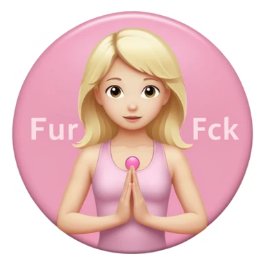 angelic blonde girl in light pink yoga outfit pushing "FUCK" pink button sticker
