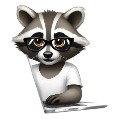 racoon wearing glasses and white tee working on a black laptop sticker