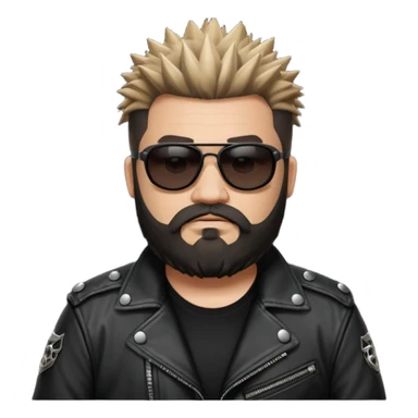 biker gang with black sunglass and rugged and fat guy bearded spicks hair black jacket sticker