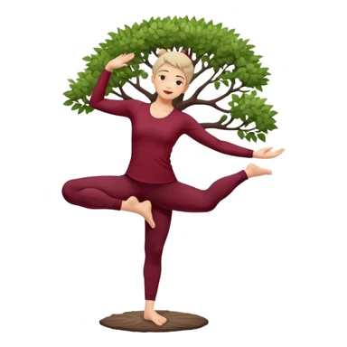 A serene young practicing the Tree Pose (Vrksasana), embodying stability with two feet on ground and with dark wine red clothes sticker