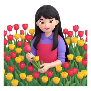 girl with long black hair and thin bangs, smiling while picking tulips in a garden sticker