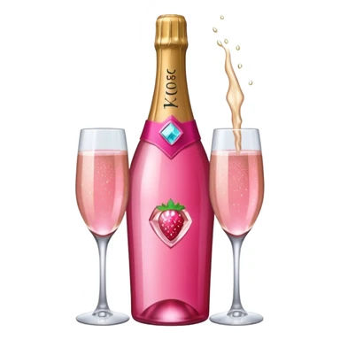 Realistic sparkling diamond glam hot pink champagne bottle with hot pink champagne in glass with strawberry ì> sticker