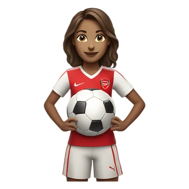 Pretty woman with medium brown hair holding a soccer ball and wearing an Arsenal jersey sticker