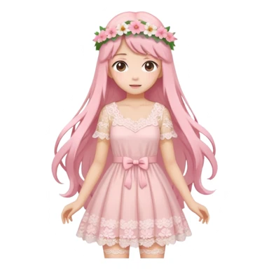 pastel anime woman with pink and white lace dress full body and long hair with flower crown sticker