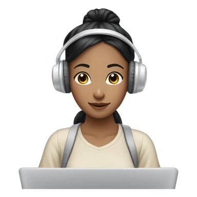 a girl with laptop with a bun hair, headphone, clouds and light bulbs in background, has asian skin tone and black hair color sticker