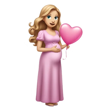 White pregnant lady, with Long Light Brown hair and blue eyes. She is wearing a tight pink dress and a bow,  standing and holding two pink heart balloons. sticker