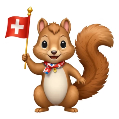 cheerful squirrel celebrating with confetti and holding a Swiss flag, emoji style sticker