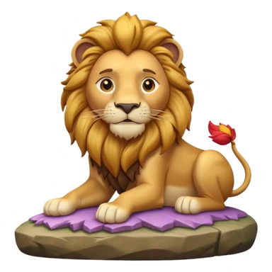 A 3D cartoon lion with a golden mane, sitting proudly on a rock, calm smile, smooth fur, bright warm sunlight, friendly but majestic look, Memoji-style. sticker