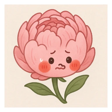 cute pink peony flower, round body, red cheeks, nervous demeanor sticker