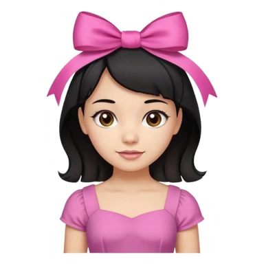 Beautiful girl with short black hair in a half-up half-down hairstyle with pink ribbon tying the top half, waves at the ends, brown eyes, light skin, slight smile, and pink dress sticker