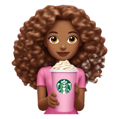Barbie girl with brown long curly hair holding Pink starbucks refresher sticker
