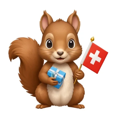 cute squirrel holding a clearly visible gift box in one hand and a Swiss flag in the other, both objects easy to see, simple white background sticker