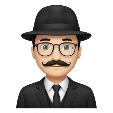 black hair dad in black suit and glasses with mustache and a hat sticker