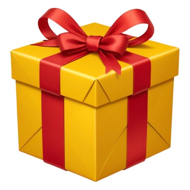 box with yellow wrapping paper and a length of red ribbon surrounding it sticker