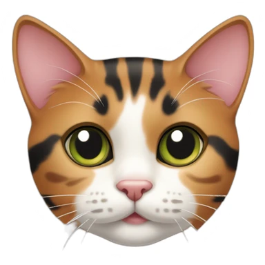 young striped calico cat face with a pink nose, white chin, green eyes, and orange/brown markings, orange tip on one ear sticker