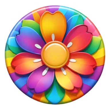 A round psychedelic colored button with a large rainbow colored flower in the center sticker